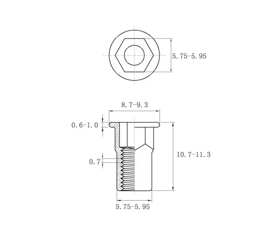 Rivet Nuts Flat Head Inner-Hex Body FH-IHB-0420-ZI-ZC Metric Sizes Drawing