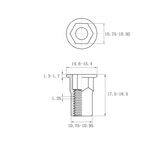 Rivet Nuts Flat Head Inner-Hex Body FH-IHB-0835-ZI-ZC Metric Sizes Drawing