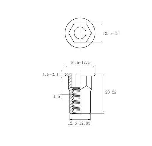 Rivet Nuts Flat Head Inner-Hex Body FH-IHB-1035-ZI-ZC Metric Sizes Drawing