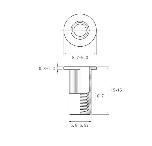 Rivet Nuts Flat Head Knurled Body Close End FH-KBC-0420-ZI-ZC Metric Sizes Drawing