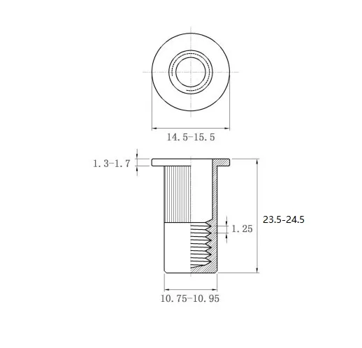 Rivet Nuts Flat Head Knurled Body Close End FH-KBC-0855-ZI-ZC Metric Sizes Drawing