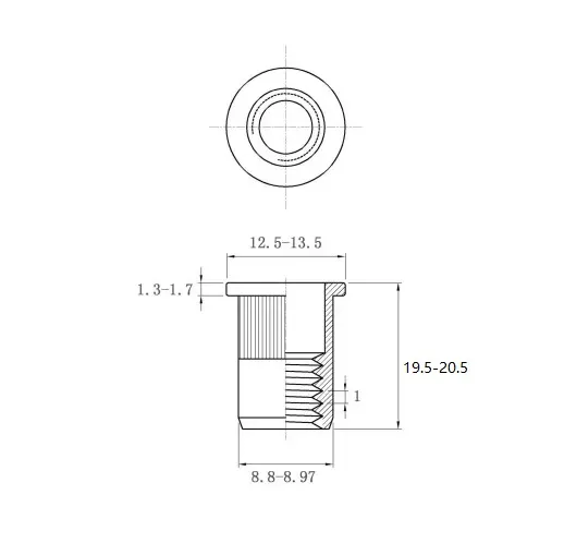 Rivet Nuts Flat Head Knurled Body FH-KB-0655-ZI-ZC Metric Sizes