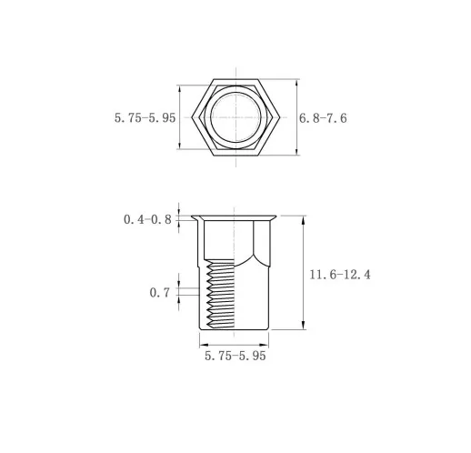 Rivet Nuts Reduce Hex Head Inner-Hex Body RHH-IHB-0420(SS) Metric Sizes Drawing