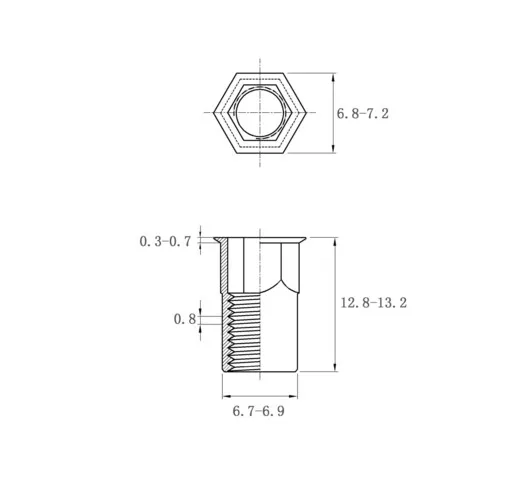 Rivet Nuts Reduce Hex Head Inner-Hex Body RHH-IHB-0525(SS) Metric Sizes Drawing