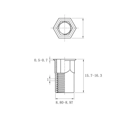 Rivet Nuts Reduce Hex Head Inner-Hex Body RHH-IHB-0635(SS) Metric Sizes Drawing