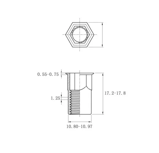 Rivet Nuts Reduce Hex Head Inner-Hex Body RHH-IHB-0835(SS) Metric Sizes Drawing