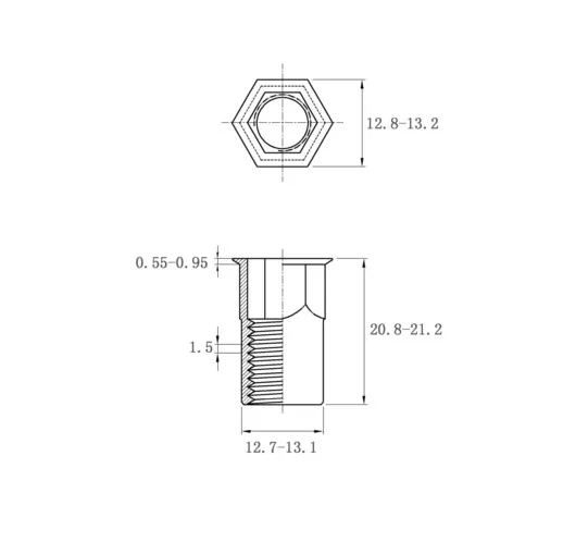 Rivet Nuts Reduce Hex Head Inner-Hex Body RHH-IHB-1040(SS) Metric Sizes Drawing