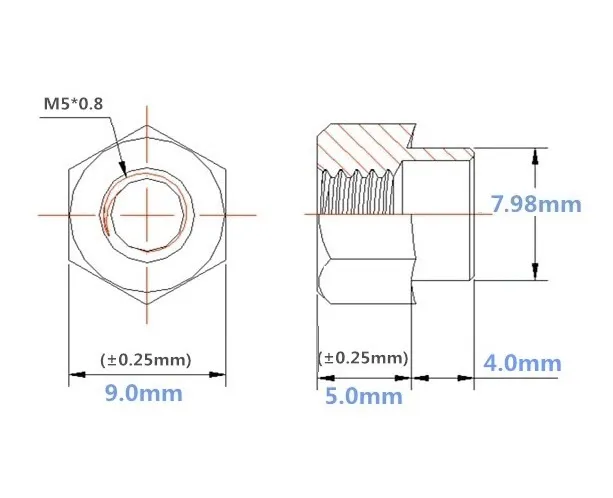 Self Clinching Nuts Flare-In Nuts NZ-M5-4.0 Metric Sizes drawing
