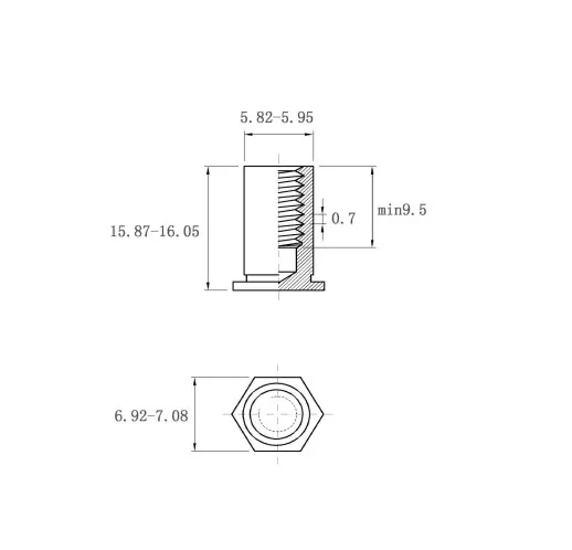 Self Clinching Standoffs-Blind -Threaded Standoffs BSO-M4-16 Metric Sizes Drawing