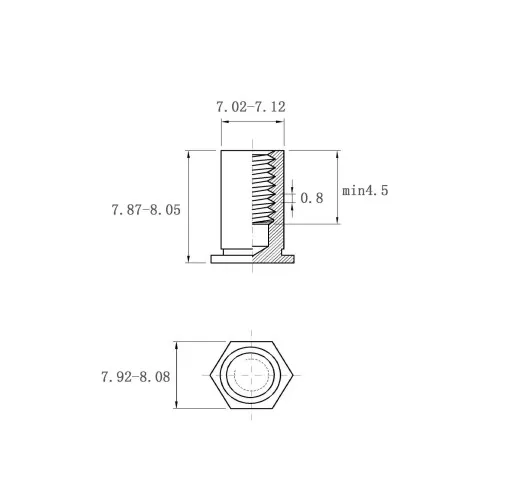 Self Clinching Standoffs-Blind -Threaded Standoffs BSO-M5-8 Metric Sizes Drawing