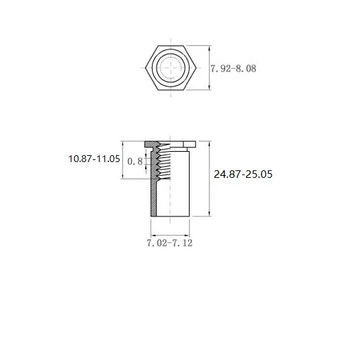 Self Clinching Standoffs Thru-hole Thread Standoffs SOS-M5-25 Metric Sizes Drawing