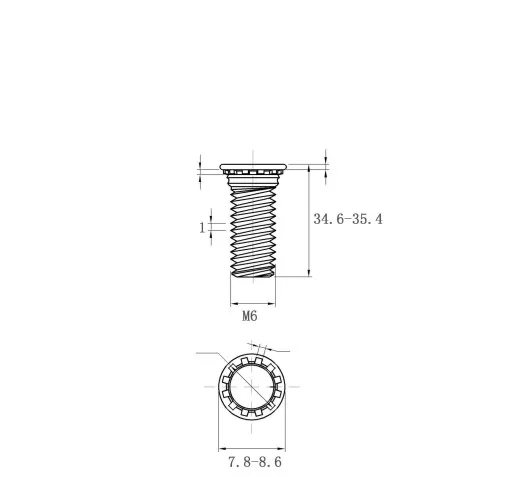 Self Clinching Studs Flush Head FH-M6-35 Metric Sizes Drawing