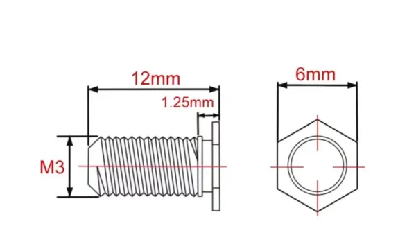 Self Clinching Studs Hexagon Head NFH-M3-12 Metric Sizes Drawing