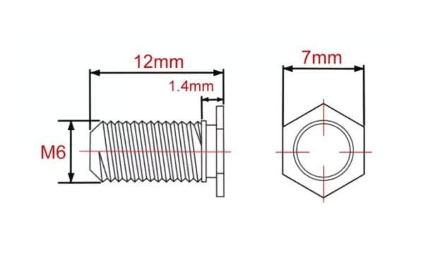 Self Clinching Studs Hexagon Head NFH-M6-12 Metric Sizes Drawing