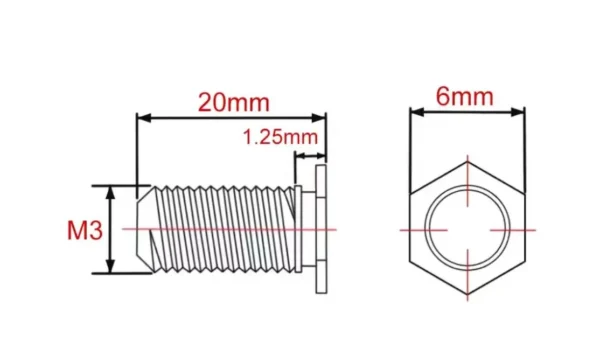 Self Clinching Studs Hexagon Head NFHS-M3-20 Metric Sizes Drawing