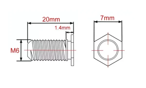 Self Clinching Studs Hexagon Head NFHS-M6-20 Metric Sizes Drawing