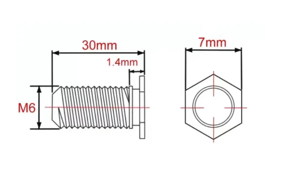 Self Clinching Studs Hexagon Head NFHS-M6-30 Metric Sizes Drawing